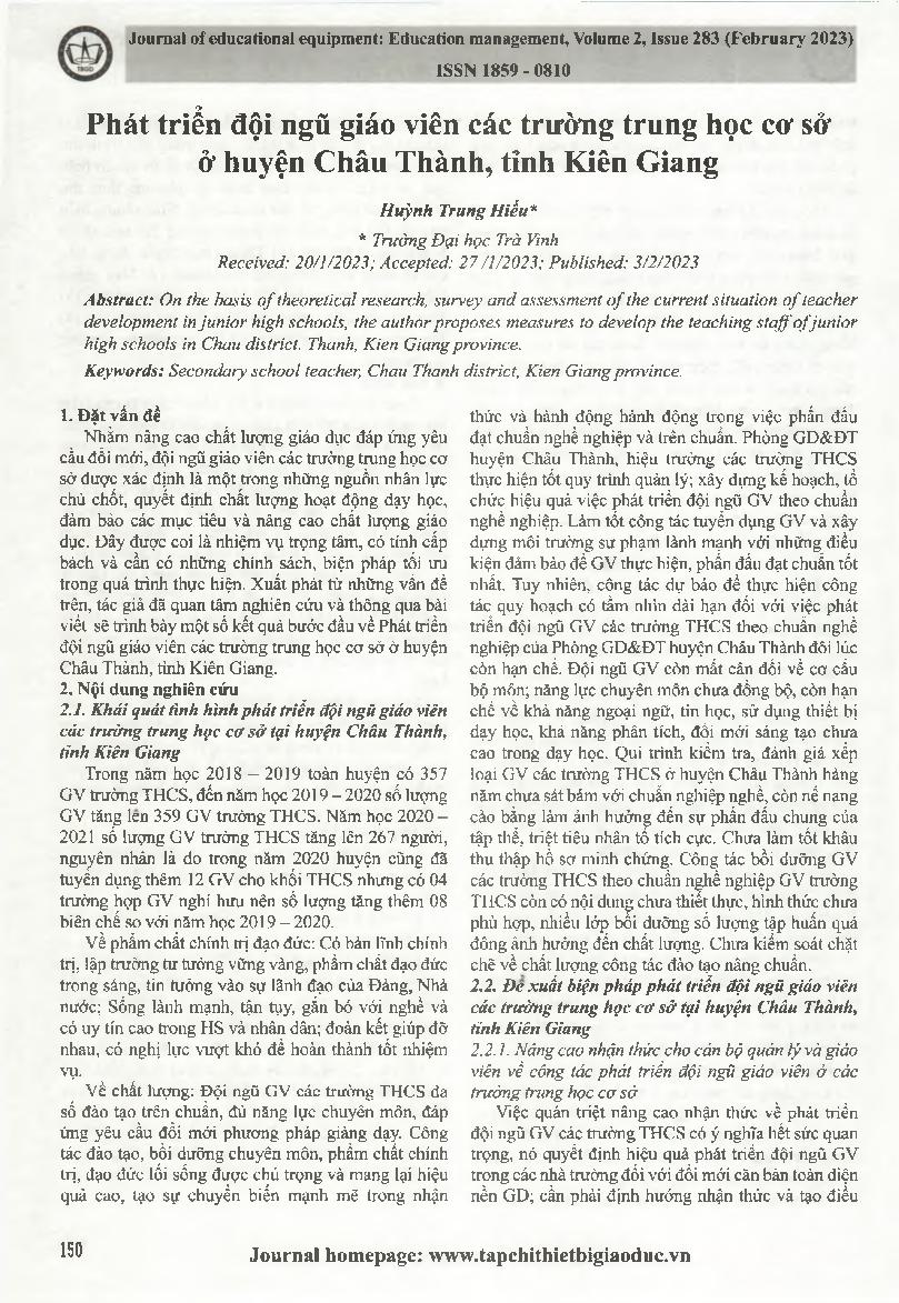 Phát triển đội ngũ giáo viên các trường trung học cơ sở ở huyện Châu Thành, tỉnh Kiên Giang = Developing the teaching staff of secondary schools in Chau Thanh district, Kien Giang province