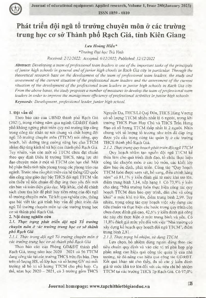 Phát triển đội ngũ tổ trưởng chuyên môn ở các trường trung học cơ sở Thành phố Rạch Giá, tỉnh Kiên Giang = Developing professional team leaders in secondary schools in Rach Gia city, Kien Giang province