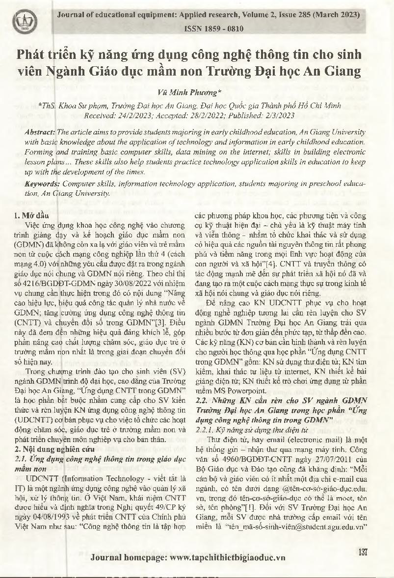 Phát triển kỹ năng ứng dụng công nghệ thông tin cho sinh viên Ngành Giáo dục mầm non Trường Đại học An Giang = Developing information technology application skills for students majoring Early Childhood Education at An Giang University