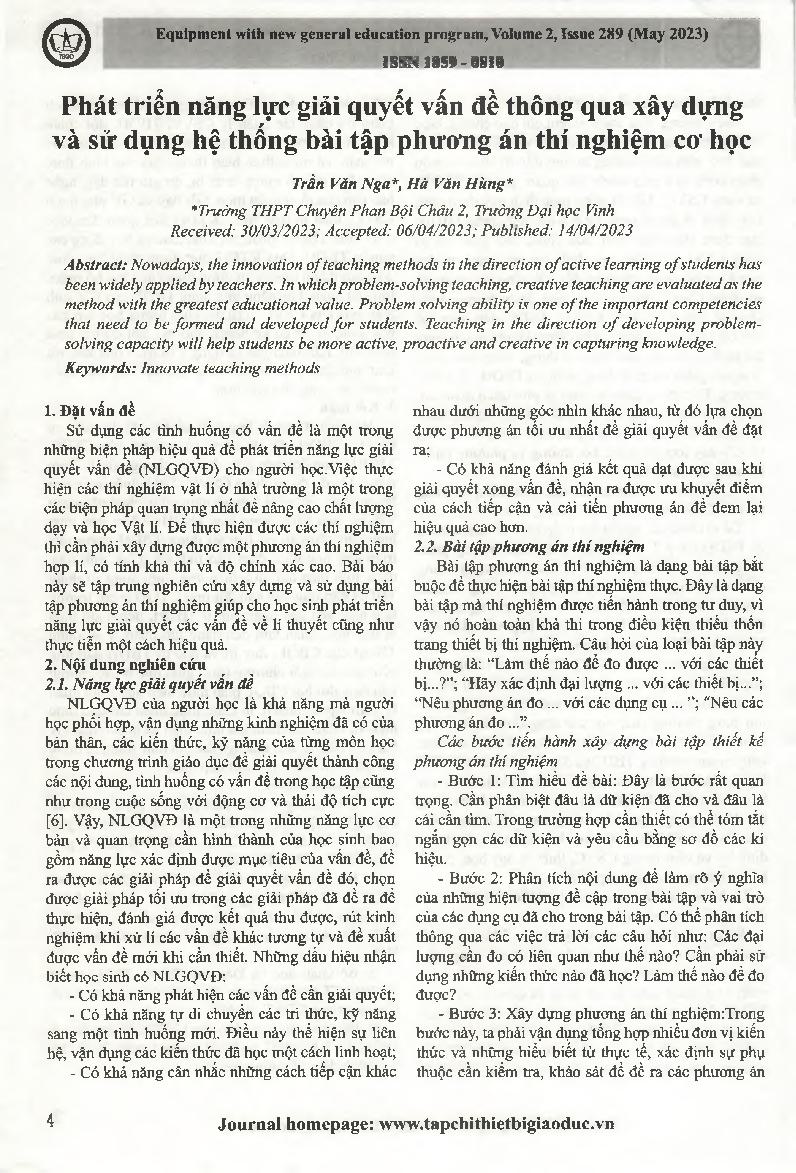 Phát triển năng lực giải quyết vấn đề thông qua xây dựng và sử dụng hệ thống bài tập phương án thí nghiệm cơ học = Developing problem solving competence through the construction and use of a system of exercises and plans for mechanical experiments