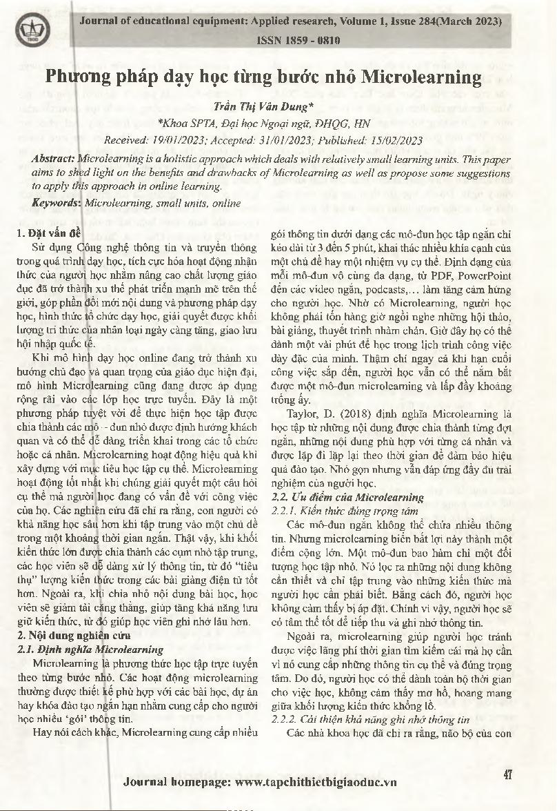Phương pháp dạy học từng bước nhỏ Microlearning = Microlearning approach