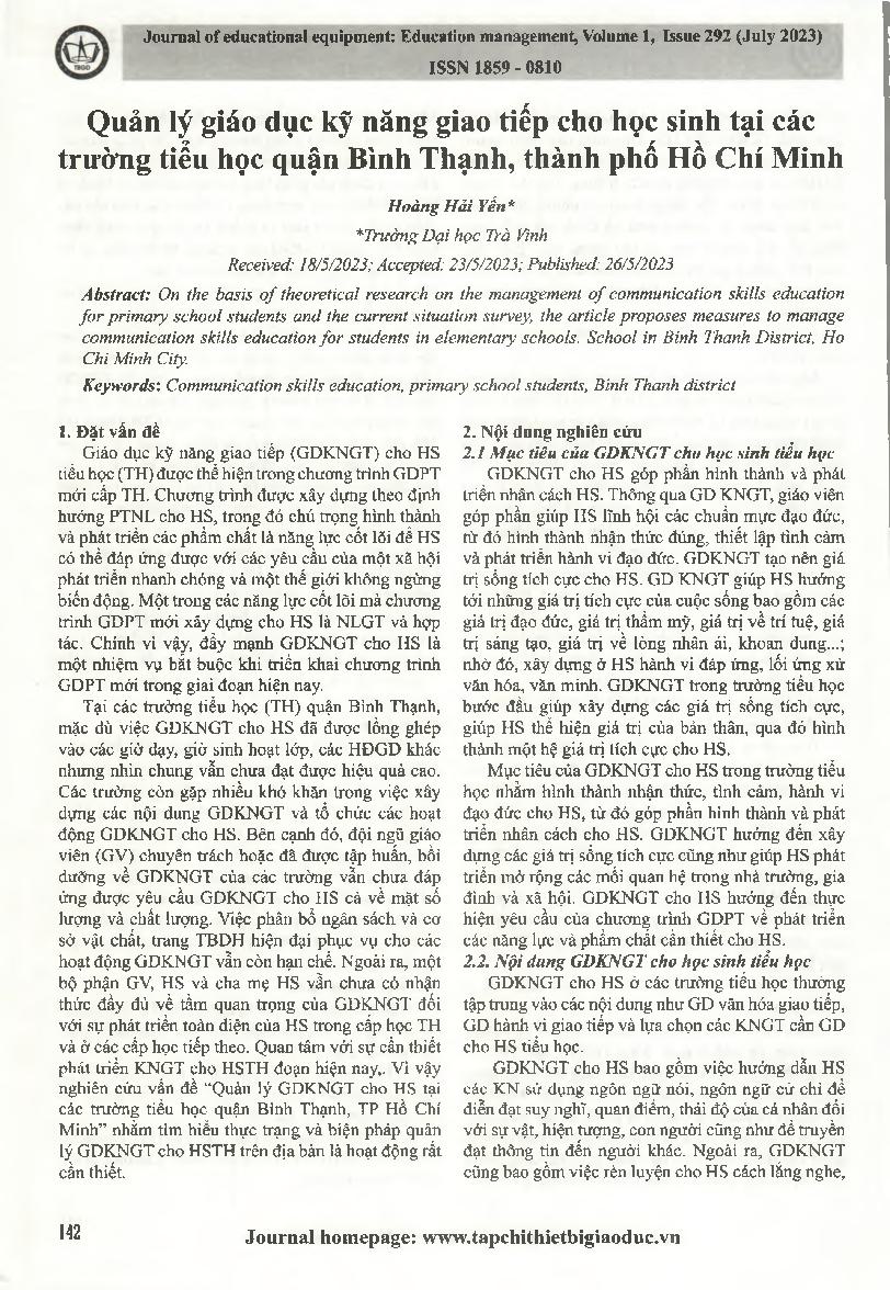 Quản lý giáo dục kỹ năng giao tiếp cho học sinh tại các trường tiểu học quận Bình Thạnh, thành phố Hồ Chí Minh = Management communication skills education for students in primary schools in Binh Thanh district, Ho Chi Minh City.