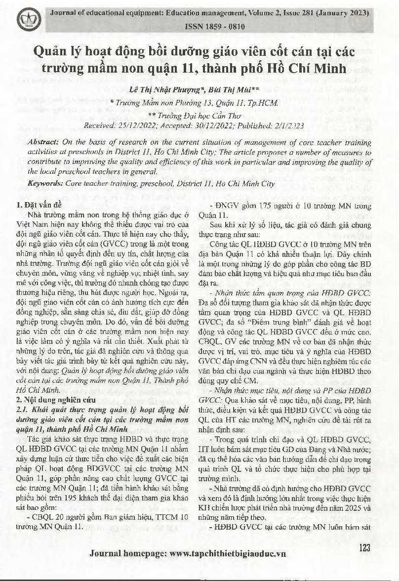 Quản lý hoạt động bồi dưỡng giáo viên cốt cán tại các trường mầm non quận 11, thành phố Hồ Chí Minh = Managing core teacher training activities at preschools in District 11, Ho Chi Minh City