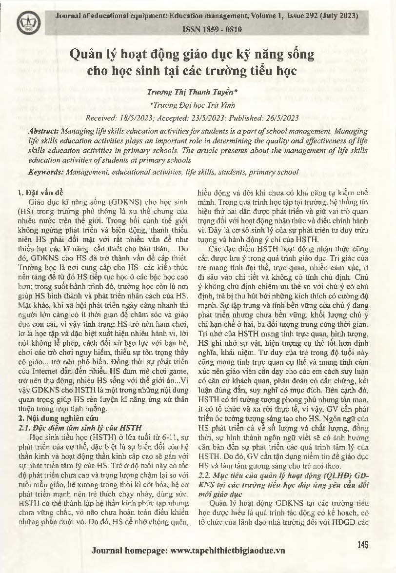 Quản lý hoạt động giáo dục kỹ năng sống cho học sinh tại các trường tiểu học = Managing life skills education activities for students in primary schools.