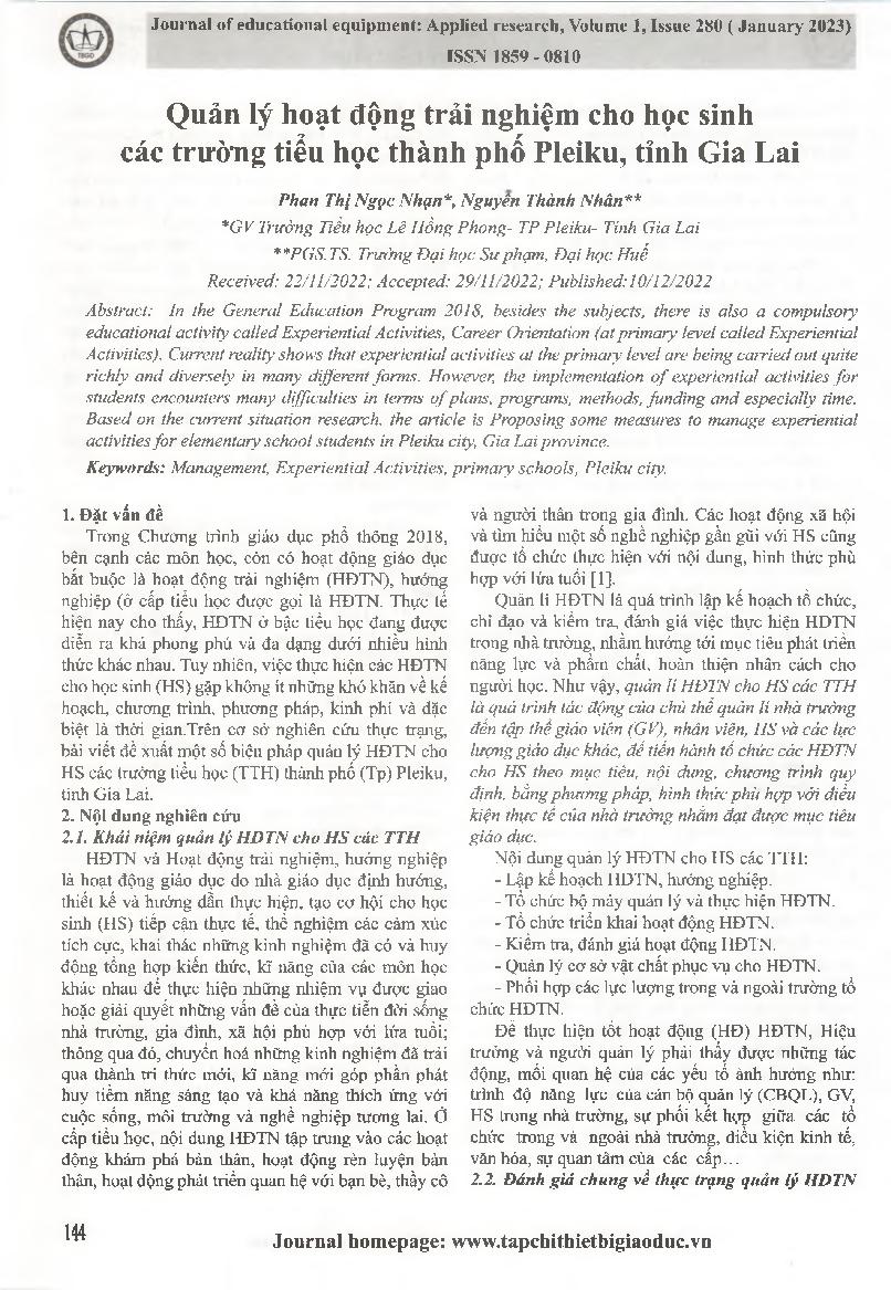 Quản lý hoạt động trải nghiệm cho học sinh các trường tiểu học thành phố Pleiku, tỉnh Gia Lai = Managing experiential activities for elementary school students in Pleiku city, Gia Lai province