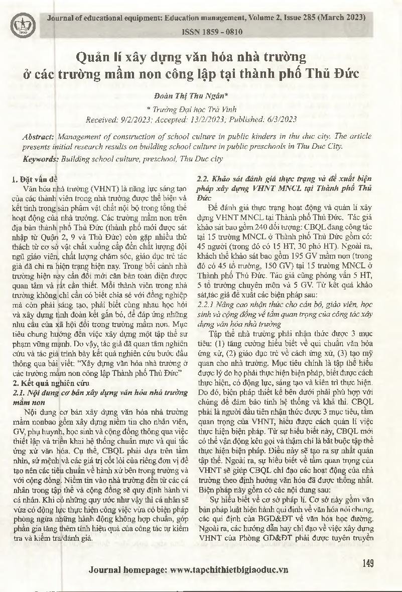 Quản lý xây dựng văn hóa nhà trường ở các trường mầm non công lập tại thành phố Thủ Đức = Management of building school culture in public preschools in Thu Duc city