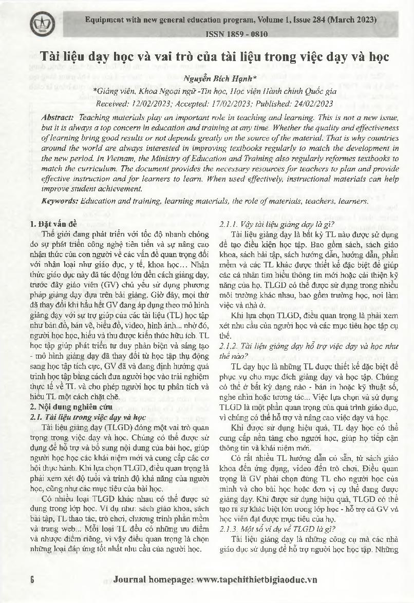Tài liệu dạy học và vai trò của tài liệu trong việc dạy và học = Materials and their role in teaching and learning