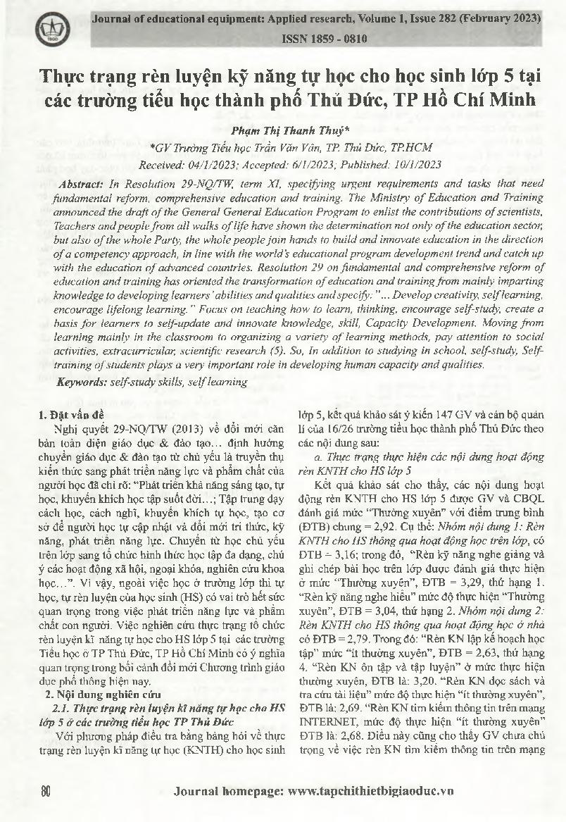Thực trạng rèn luyện kỹ năng tự học cho học sinh lớp 5 tại các trường tiểu học thành phố Thủ Đức, TP Hồ Chí Minh = Reality of self-study skills training for 5th grade students at primary schools in Thu Duc city, Ho Chi Minh City.