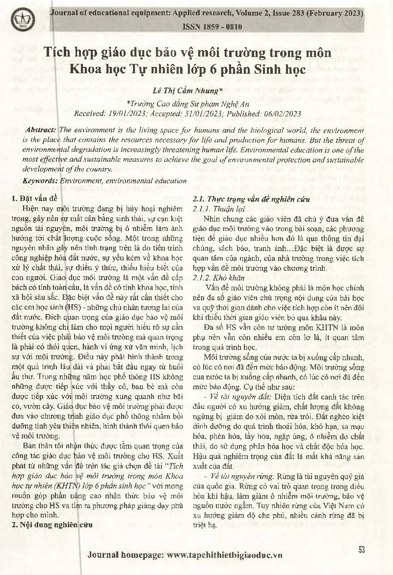 Tích hợp giáo dục bảo vệ môi trường trong môn Khoa học Tự nhiên lớp 6 phần Sinh học = Integrating environmental protection education in the part of Biology, 6th grade Natural Sciences