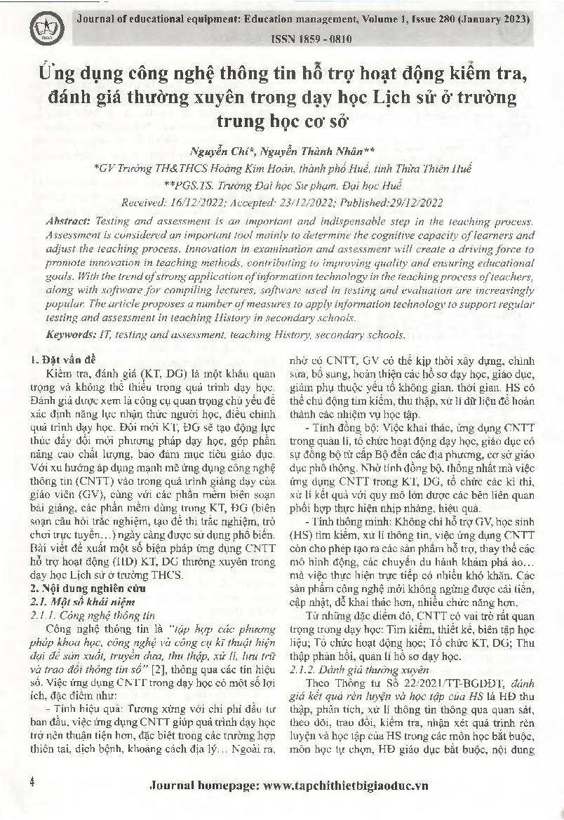 Ứng dụng công nghệ thông tin hỗ trợ hoạt động kiểm tra, đánh giá thường xuyên trong dạy học Lịch sử ở trường trung học cơ sở = Application of information technology to support inspection activities, Regular assessment in teachingHistory at school junior h
