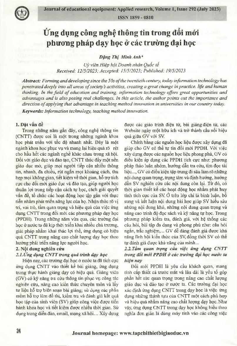 Ứng dụng công nghệ thông tin trong đổi mới phương pháp dạy học ở các trường đại học = Application of information technology in innovation teaching methods in universities