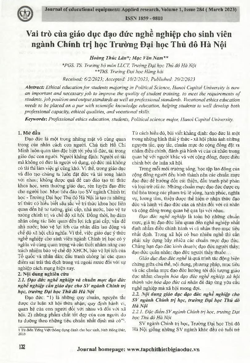 Vai trò của giáo dục đạo đức nghề nghiệp cho sinh viên ngành Chính trị học Trường Đại học Thủ đô Hà Nội = The role of professional ethics education for students majoring in Politics at Hanoi Capital University