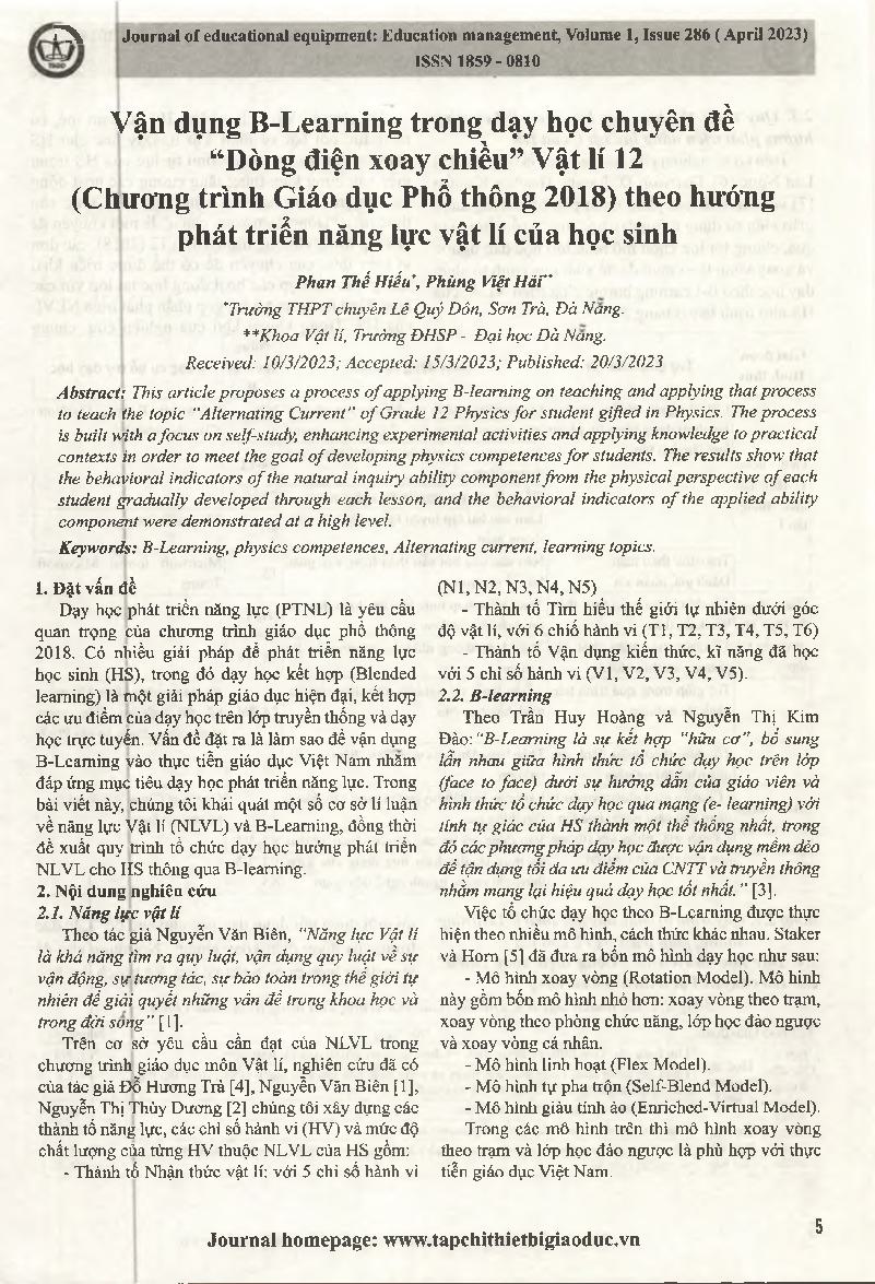 Vận dụng B-Learning trong dạy học chuyên đề "Dòng điện xoay chiều" Vật lí 12 (Chương trình Giáo dục Phổ thông 2018) theo hướng phát triển năng lực vật lí của học sinh = Applying B - Learning in teaching the subject "Alternating Current" in 12th grade Phys