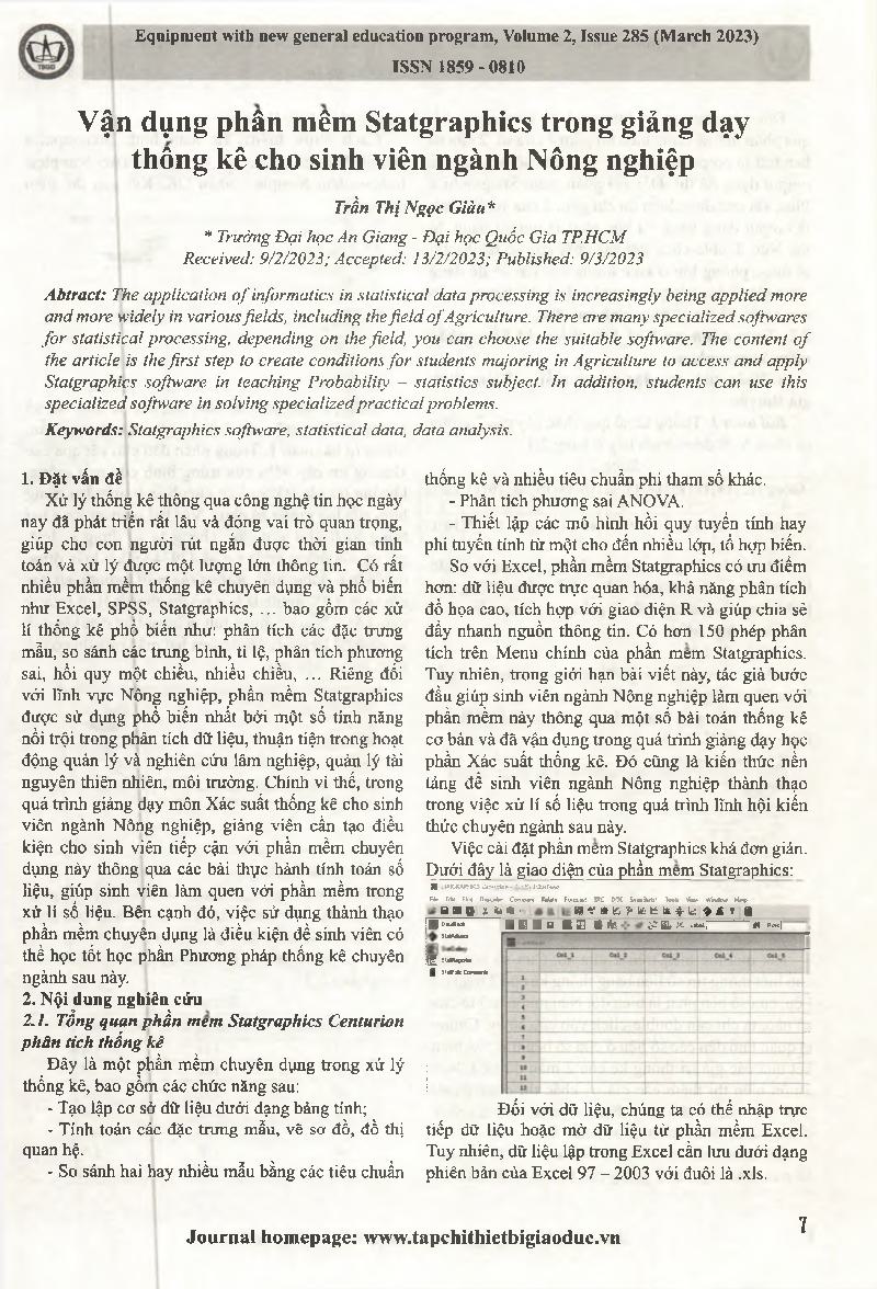 Vận dụng phần mềm Statgraphics trong giảng dạy thống kê cho sinh viên ngành Nông nghiệp = Applying Statgraphics software in teaching Statistics for students majoring in Agriculture
