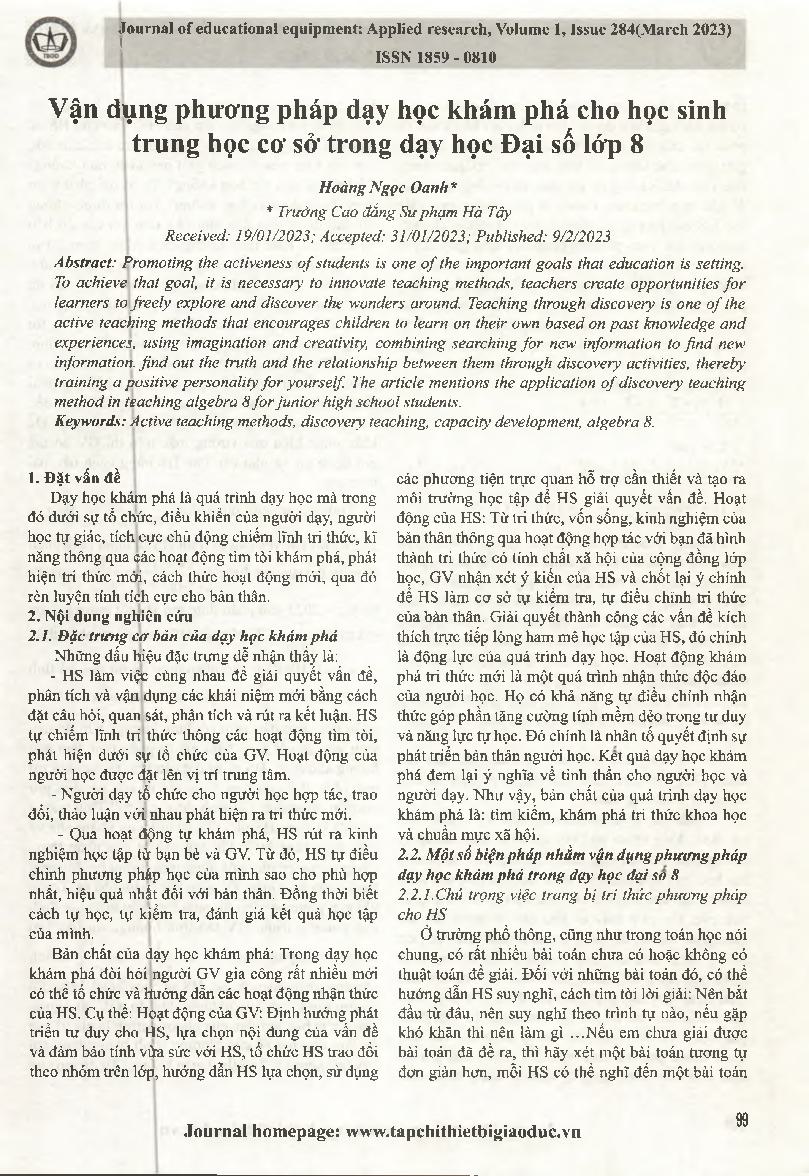 Vận dụng phương pháp dạy học khám phá cho học sinh trung học cơ sở trong dạy học Đại số lớp 8 = Applying discovery teaching methods for middle school students in teaching 8th grade Algebra