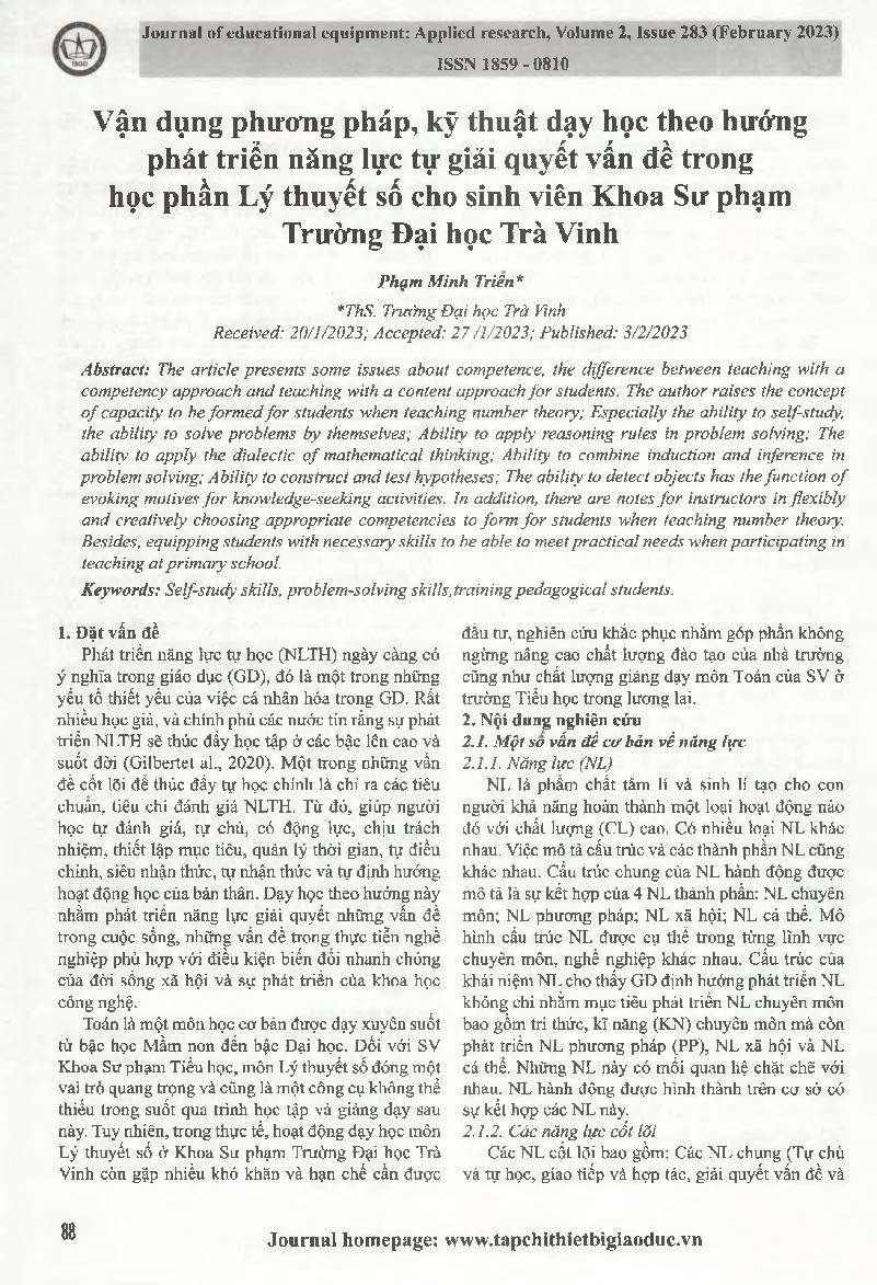 Vận dụng phương pháp, kỹ thuật dạy học theo hướng phát triển năng lực tự giải quyết vấn đề trong học phần Lý thuyết số cho sinh viên Khoa Sư phạm Trường Đại học Trà Vinh = Applying teaching methods and techniques towards developing problem-solving capacit