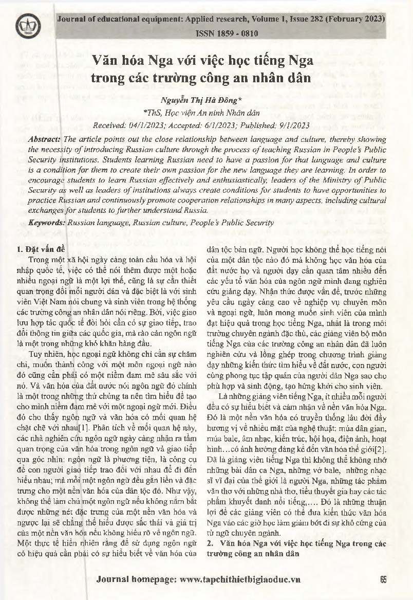 Văn hóa Nga với việc học tiếng Nga trong các trường công an nhân dân = Russian culture with Russian language learning in People's Public Security schools.