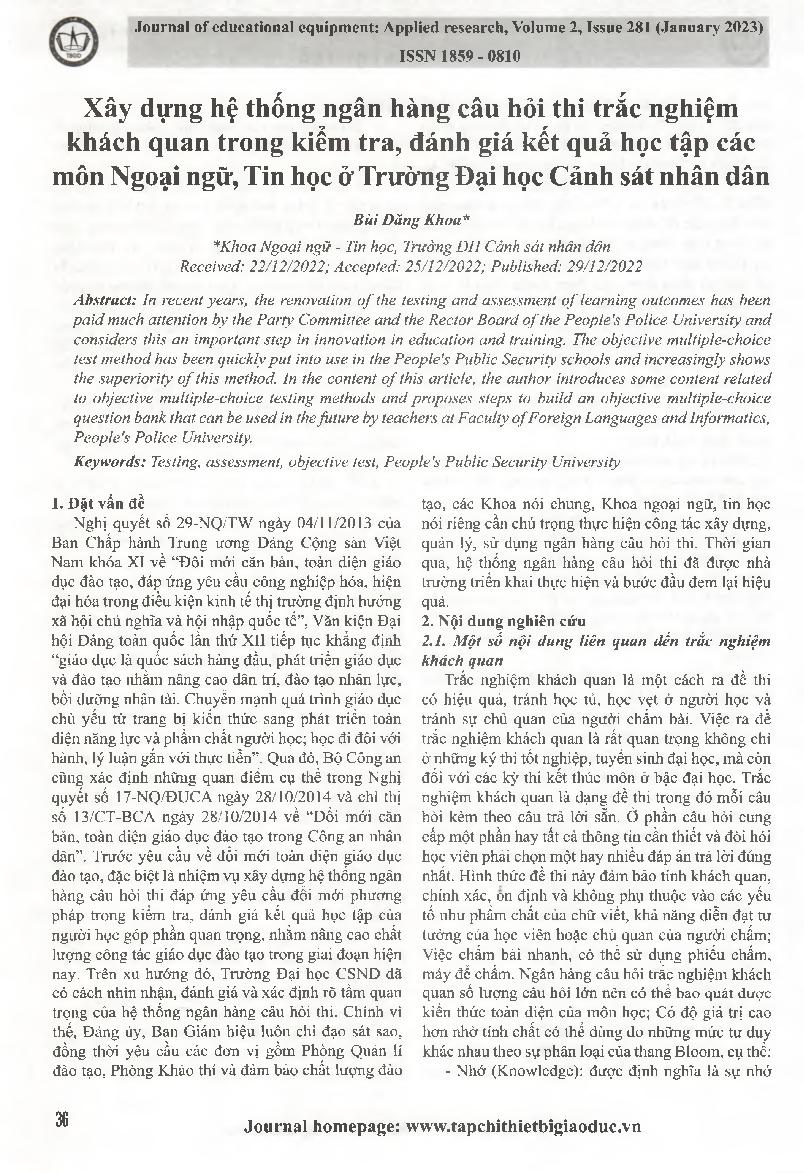 Xây dựng hệ thống ngân hàng câu hỏi thi trắc nghiệm khách quan trong kiểm tra, đánh giá kết quả học tập các môn Ngoại ngữ, Tin học ở Trường Đại học Cảnh sát nhân dân = Building a bank of objective multiple-choice questions in testing and assessing learnin