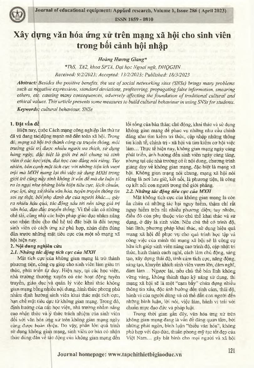 Xây dựng văn hóa ứng xử trên mạng xã hội cho sinh viên trong bối cảnh hội nhập = Building cultural behaviour in social networking sites for students in the context of integration