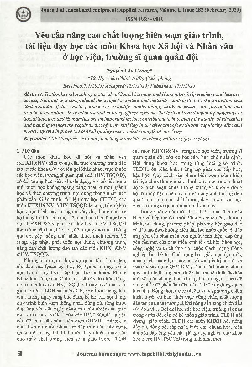 Yêu cầu nâng cao chất lượng biên soạn giáo trình, tài liệu dạy học các môn Khoa học Xã hội và Nhân văn ở học viện, trường sĩ quan quân đội = Requirements to improve the quality of compiling teaching materials of Social Sciences and Humanities at military 