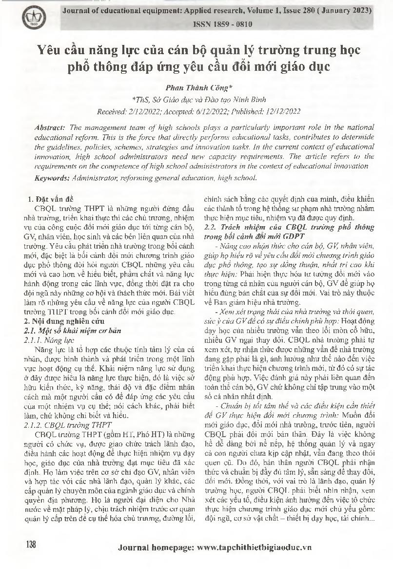 Yêu cầu năng lực của cán bộ quản lý trường trung học phổ thông đáp ứng yêu cầu đổi mới giáo dục = Competence requirements of high school administrators to meet educational innovation requirements