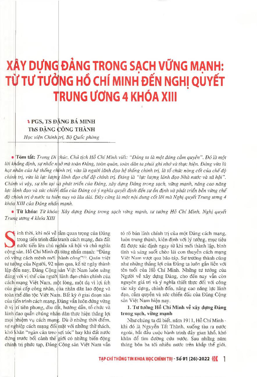 Xây dựng Đảng trong sạch vững mạnh: Từ tư tưởng Hồ Chí Minh đến Nghị quyết Trung ương 4 khóa XIII = Building a strong and clean Party: From Ho Chi Minh's thought to the Resolution of the 4th Party Central Committee, term XIII