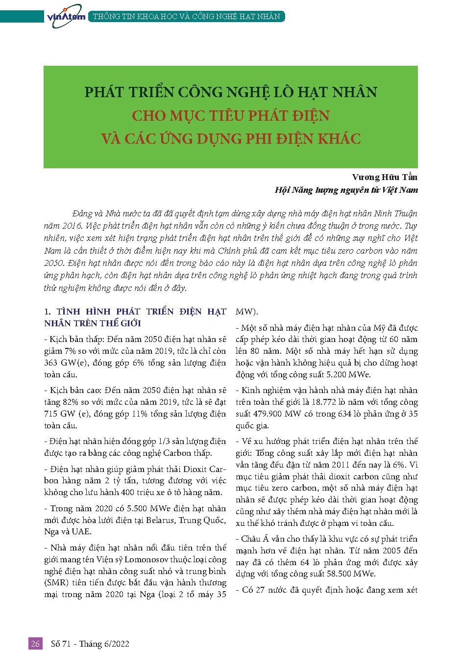 Phát triển công nghệ lò hạt nhân cho mục tiêu phát điện và các ứng dụng phi điện khác