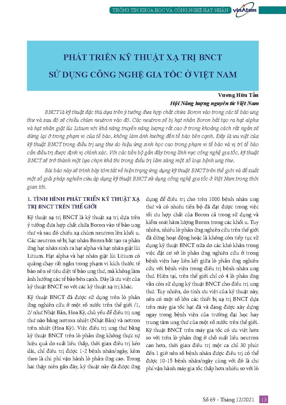 Phát triển kỹ thuật xạ trị BNCT sử dụng công nghệ gia tốc ở Việt Nam