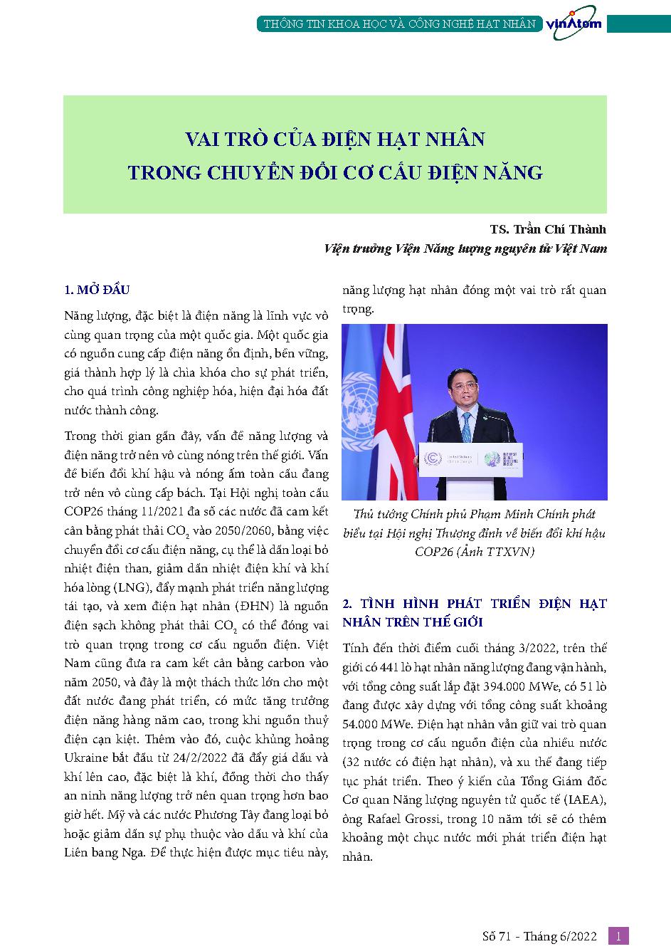 Vai trò của điện hạt nhân trong chuyển đổi cơ cấu điện năng