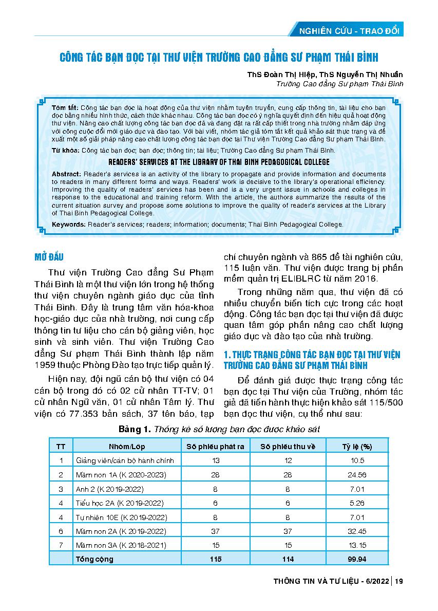 Công tác bạn đọc tại Thư viện trường Cao đẳng Sư phạm Thái Bình = Readers’ services at the Library of Thai Binh Pedagogical College