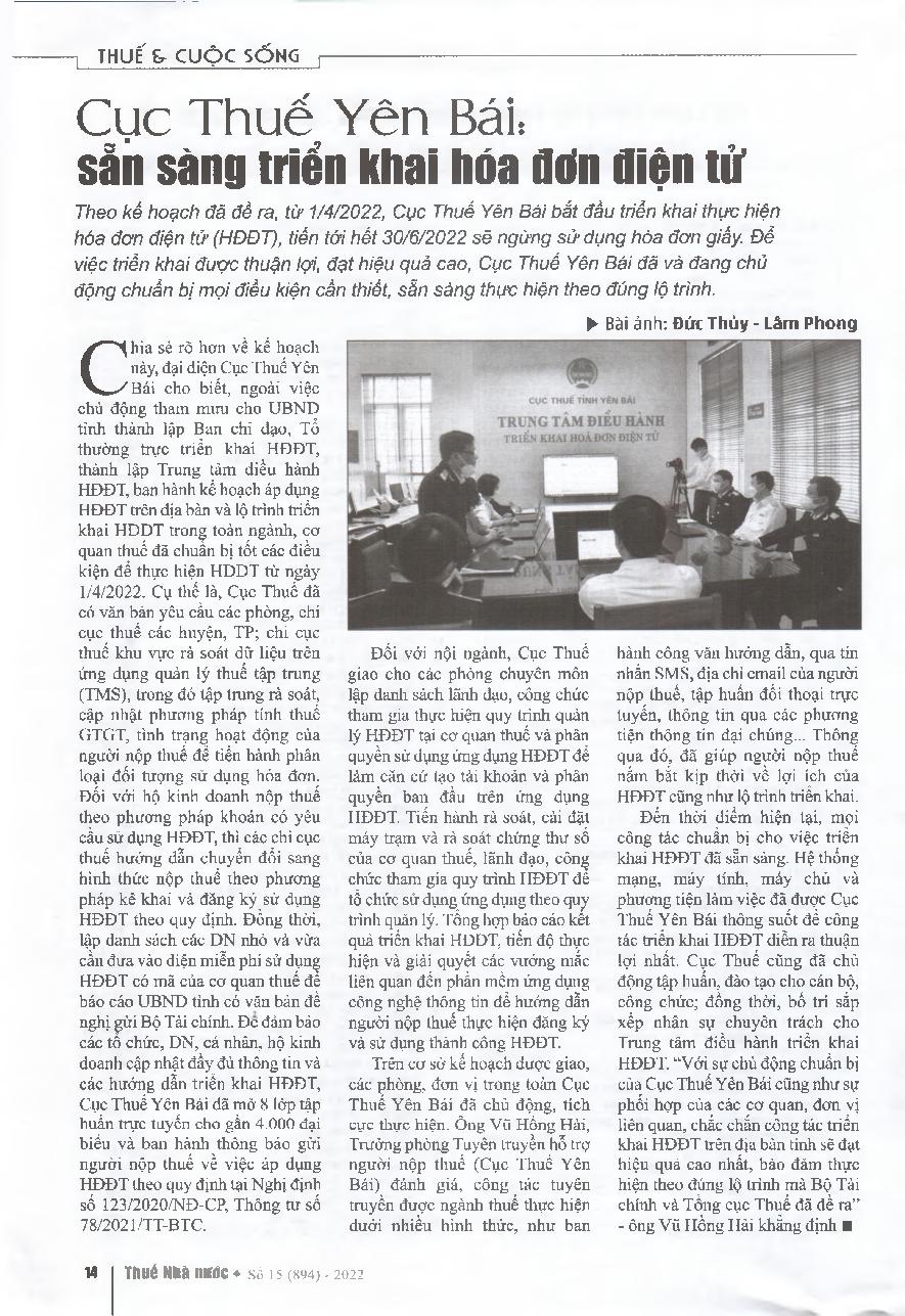 Cục Thuế Yên Bái: sẵn sàng triển khai hóa đơn điện tử = Yen Bai Tax Department: ready to deploy e-invoices