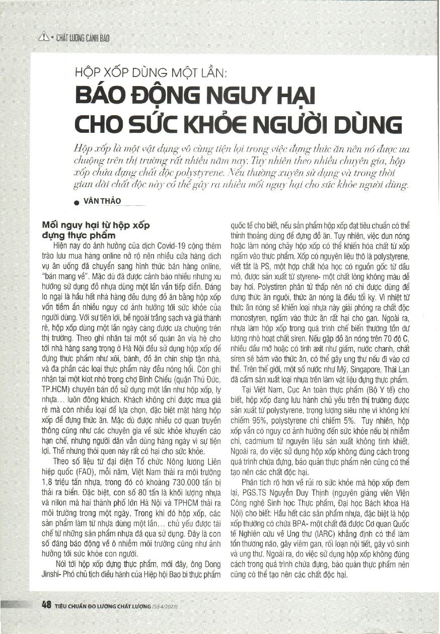 Hộp xốp dùng một lần: Báo động nguy hại cho sức khỏe người dùng = Disposable foam box: Warning of danger to user's health