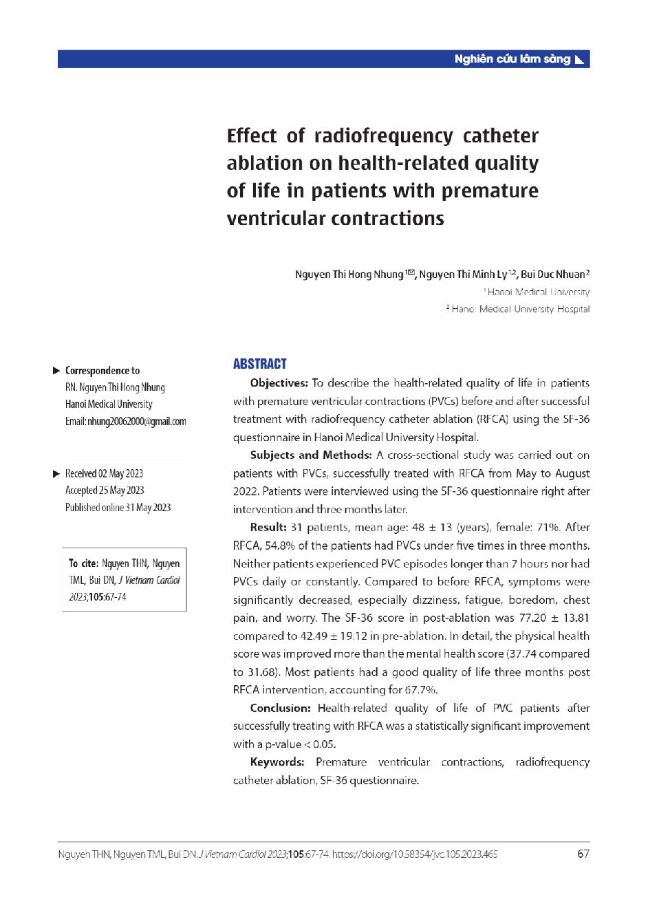 Chất lượng cuộc sống ở người bệnh ngoại tâm thu thất được triệt đốt thành công = Effect of radiofrequency catheter ablation on health-related quality of life in patients with premature ventricular contractions