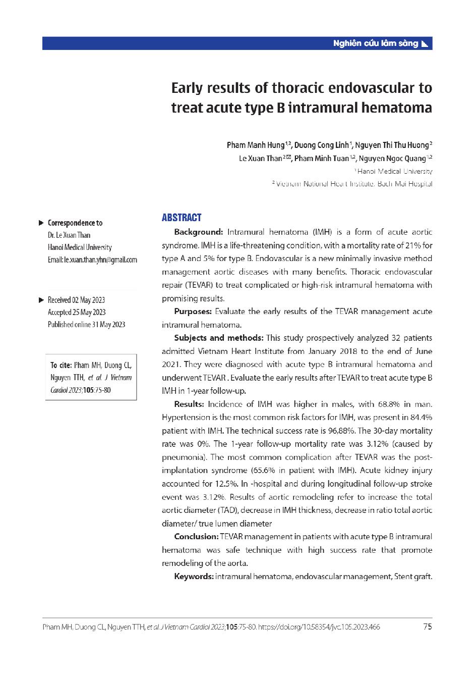 Kết quả sớm can thiệp nội mạch ở bệnh nhân tụ máu trong thành động mạch chủ ngực Stanford B cấp = Early results of thoracic endovascular to treat acute type B intramural hematoma