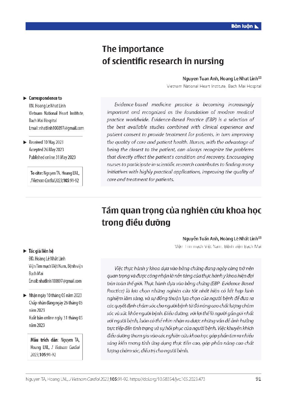 Tầm quan trọng của nghiên cúu khoa học trong điều dưỡng = The importance of scientific research in nursing