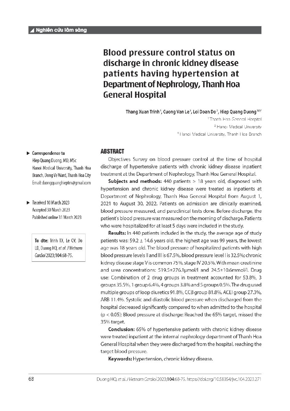 Thực trạng kiểm soát huyết áp tại thời điểm xuất viện của người bệnh tăng huyết áp có bệnh thận mạn điều trị nội trú tại Khoa Nội Thận - Bệnh viện Đa khoa tinh Thanh Hóa = Blood pressure control status on discharge in chronic kidney disease patients havin