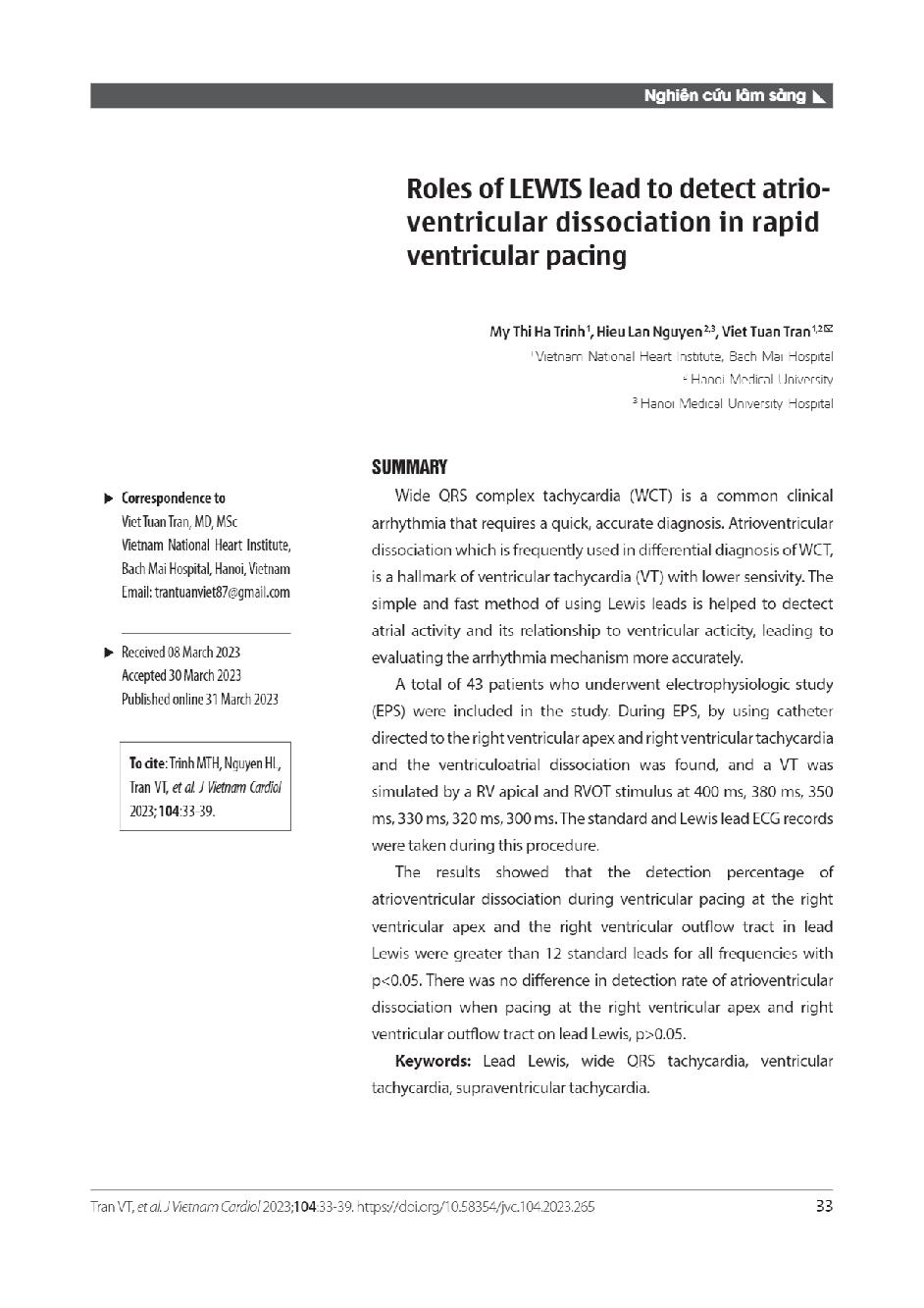 Vai trò của chuyển đạo Lewis trong phát hiện dấu hiệu phân ly nhĩ thất khi tạo nhịp thất tần số nhanh = Roles of LEWIS lead to detect atrio­ventricular dissociation in rapid ventricular pacing