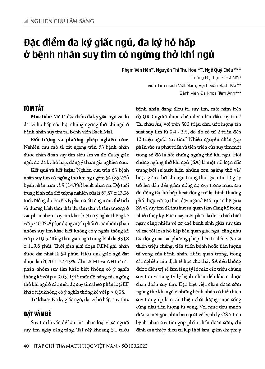 Đặc điểm đa ký giấc ngủ, đa ký hô hấp ở bệnh nhân suy tim có ngừng thở khi ngủ = Characteristics of polysomnography, respiratory polygraph in heart failure patients with sleep apnea