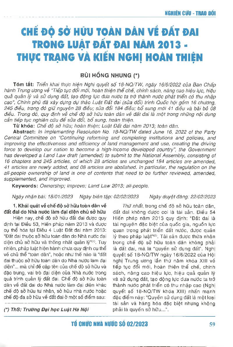 Chế độ sở hữu toàn dân về đất đai trong luật đất đai năm 2013 - thực trạng và kiến nghị hoàn thiện = The all-people ownership of land in Land Law 2013 - current situation and recommendations for improvement