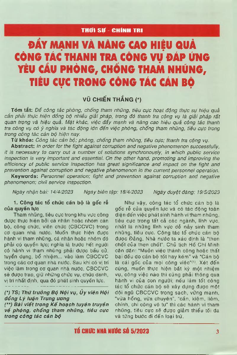 Đẩy mạnh và nâng cao hiệu quả công tác thanh tra công vụ đáp ứng yêu cầu phòng, chống tham nhũng, tiêu cực trong công tác cán bộ = Promoting and improving the efficiency of public 3 service inspection to meet the requirements on preventing and fighting ag