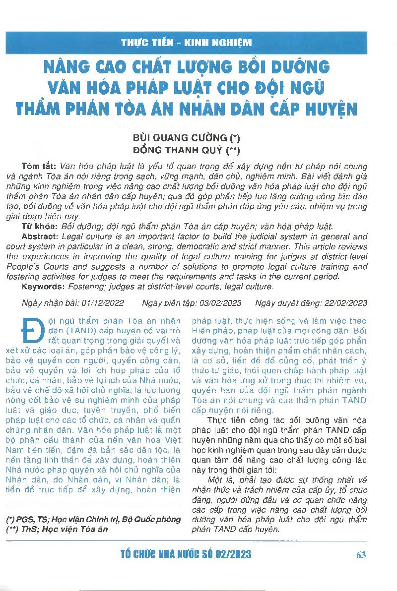 Nâng cao chất lượng bồi dưỡng văn hóa pháp luật cho đội ngũ thẩm phán tòa án nhân dân cấp huyện = Improving the quality of legal culture training forjudges at district-level People's Courts