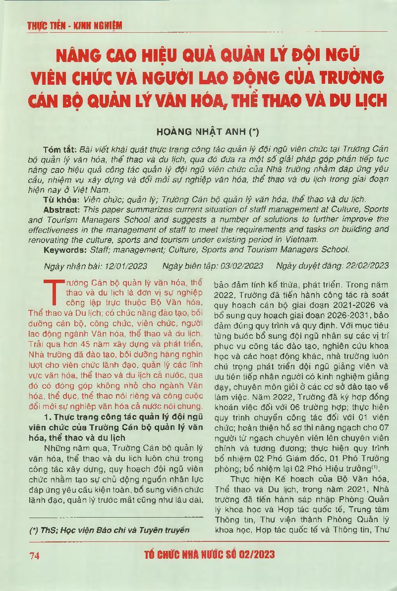 Nâng cao hiệu quả quản lý đội ngũ viên chức và người lao động của trường cán bộ quản lý văn hóa, thể thao và du lịch = Improving the efficiency in the management of staff and employees at Culture, Sports and Tourism Managers School