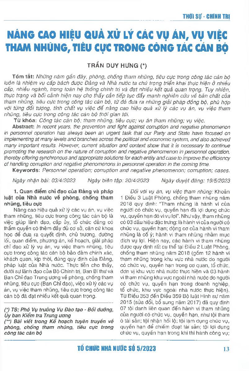 Nâng cao hiệu quả xử lý các vụ án, vụ việc tham nhũng, tiêu cực trong công tác cán bộ = Improving the efficiency of handling corruption and negative phenomenons in personnel operation