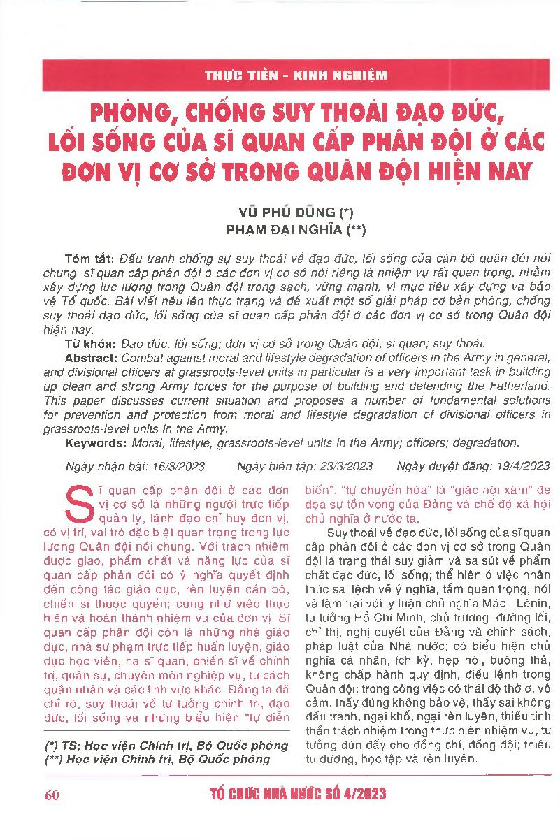 Phòng, chống suy thoái đạo đức, lối sống của sĩ quan cấp phân đội ở các đơn vị cơ sở trong Quân đội hiện nay = Prevention and protection from moral and lifestyle degradation of divisional officers in grassroots-level units in the Army