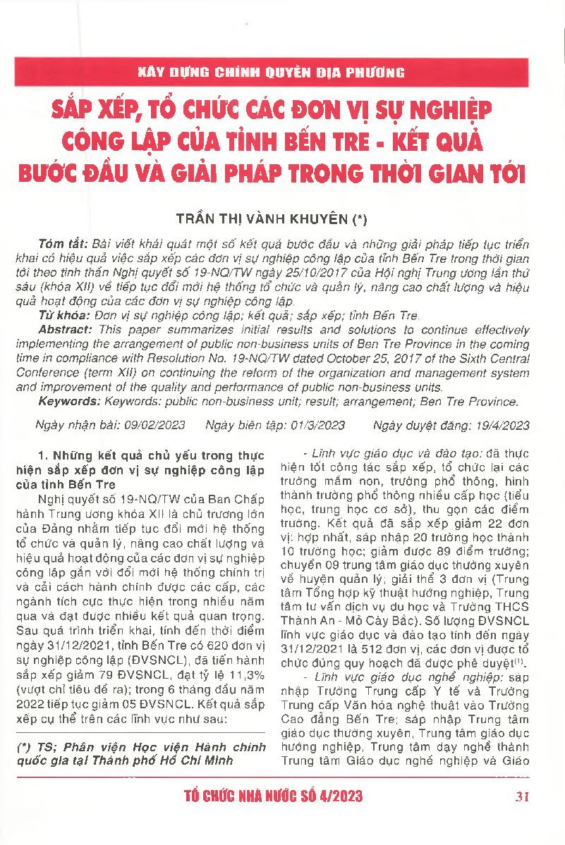 Sắp xếp, tổ chức các đơn vị sự nghiệp công lập của tỉnh Bến Tre - kết quả bước đầu và giải pháp trong thời gian tới = Arrangement and organization of public non- business units of Ben Tre Province - initial outcomes and solutions in the coming time