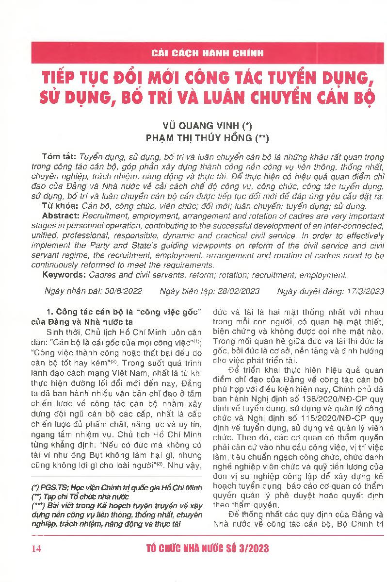 Tiếp tục đổi mới công tác tuyển dụng, sử dụng, bố trí và luân chuyển cán bộ = Continue reforming the recruitment, employment, arrangement and rotation of cadres
