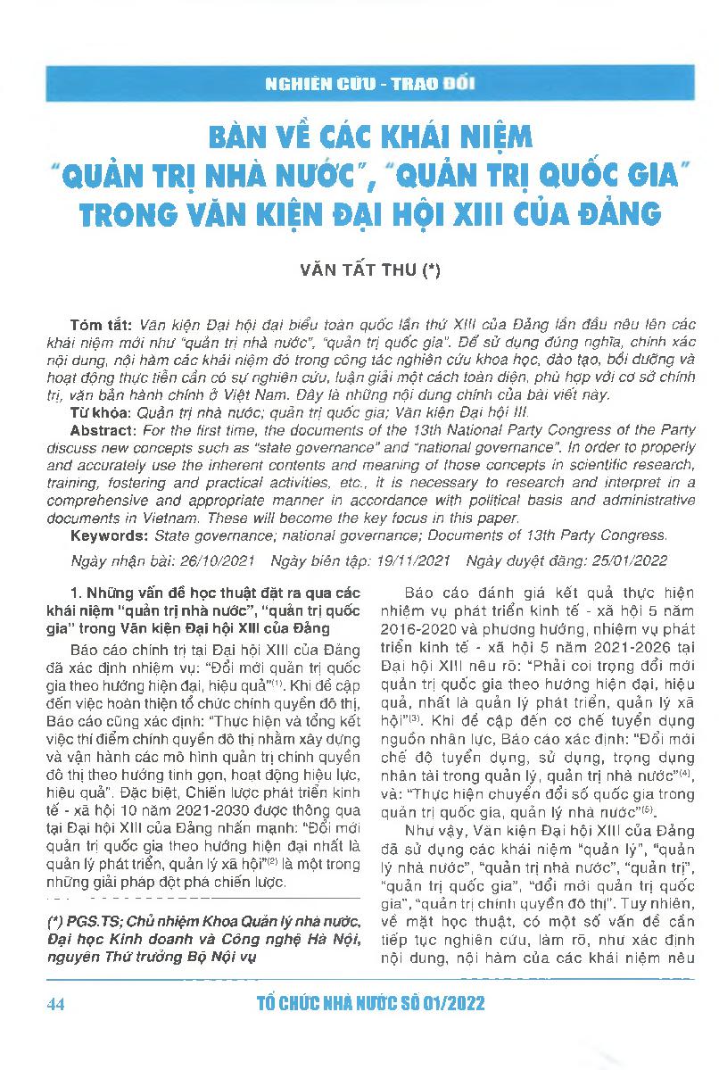 Bàn về các khái niệm quản trị nhà nước", quản trị quốc gia trong văn kiện Đại hội XIII của Đảng = Discussion on the concepts of “state governance” and “national governance” in the documents of the 13th Party Congress