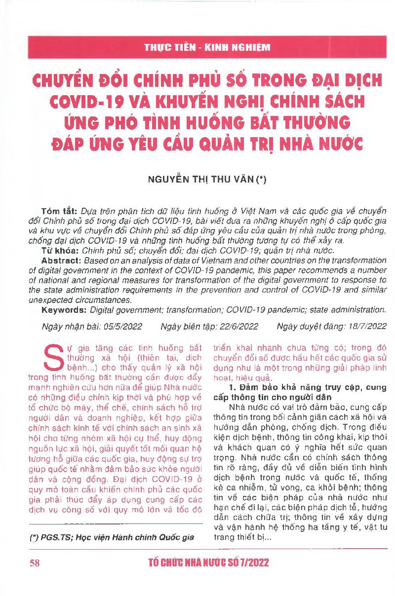 Chuyển đổi chính phủ số trong đại dịch covid-19 và khuyến nghị chính sách ứng phó tình huống bất thuong đáp ứng yêu cầu quản trị nhà nước = Transforming the digital government in the context of COVID-19 pandemic and recommendations of policies to cope wit