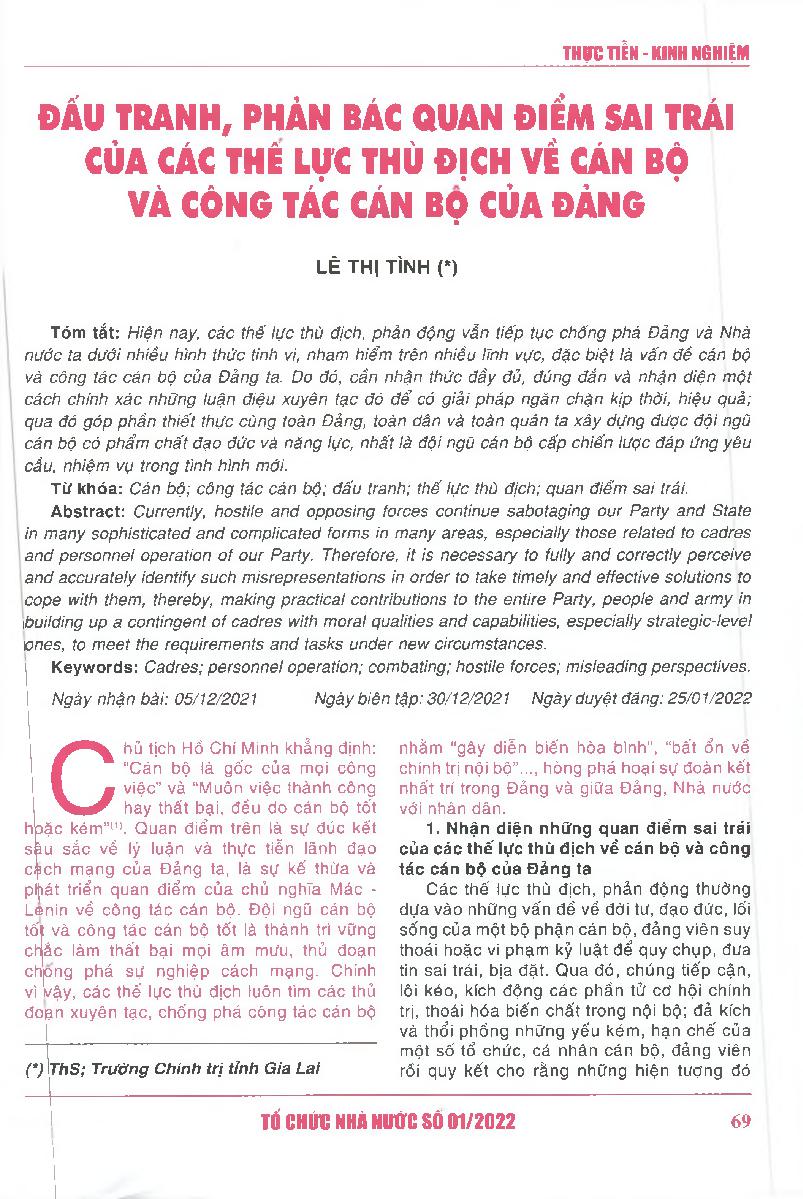Đấu tranh, phản bác quan điểm sai trái của các thế lực thù địch về cán bộ và công tác cán bộ của Đảng = Combating and opposing misleading perspectives of hostile forces on cadres and personnel operation of the Party