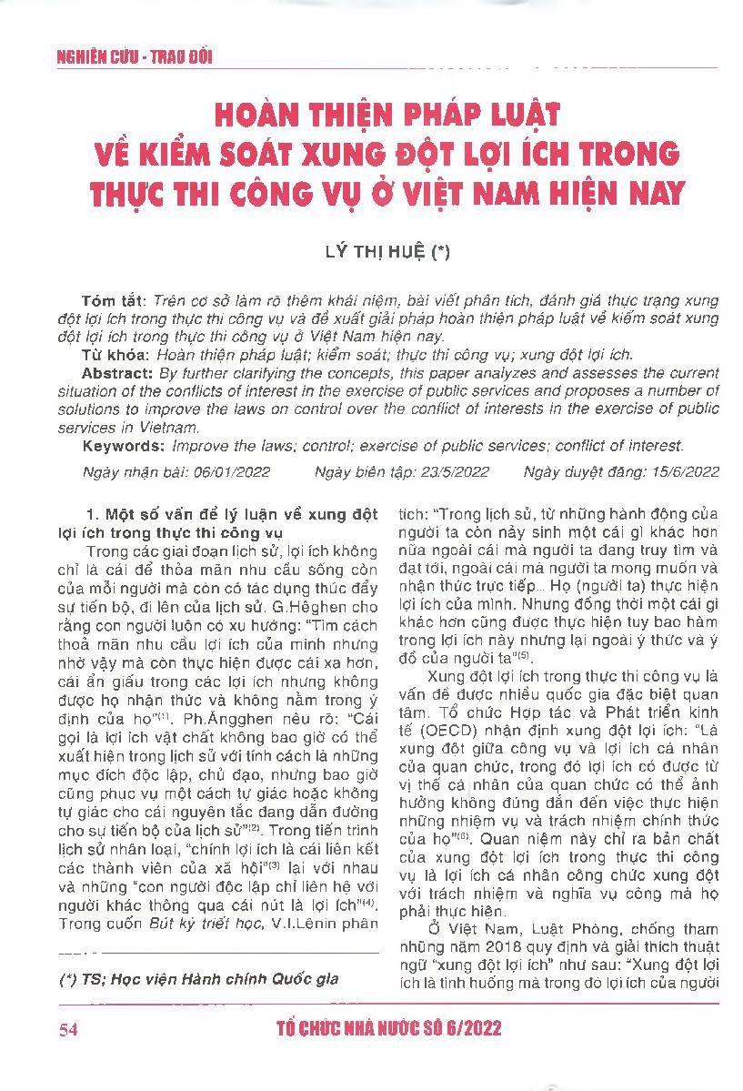 Hoàn thiện pháp luật về kiểm soát xung đột lợi ích trong thực thi công vụ ở Việt Nam hiện nay = Improving the laws on control over the conflict of interests in the exercise of public services in Vietnam